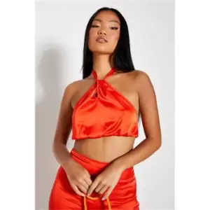 I Saw It First Bright Orange Petite Satin Twist Detail Halter Neck Crop Top - Orange