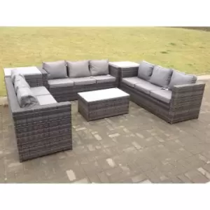 Fimous 9 Seater Outdoor Dark Grey Rattan Lounge Complete Sofa Set with Oblong Coffee Table and 2 Side Tall Tables