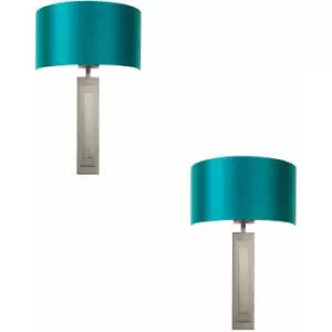 2 pack Brushed Bronze Plated Wall Light & Teal Satin Half Shade - 1 Bulb Lamp