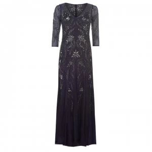 Adrianna Papell Long Floral Beaded Dress - Gunmetal