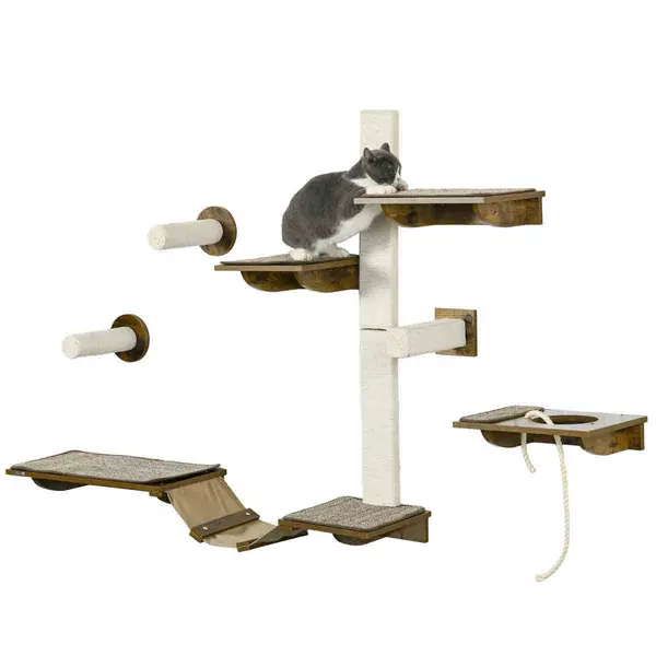 PawHut 8pc Wall Mounted Cat Shelves w/Posts, Perches - Brown