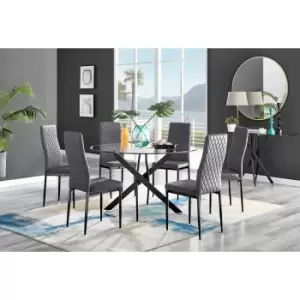 Furniture Box Novara Black Leg 120Cm Round Glass Dining Table and 6 Grey Velvet Milan Black Leg Chairs