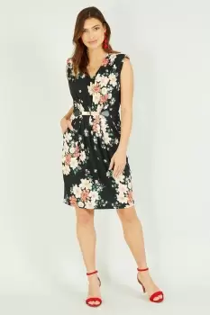 Black Floral Jersey Pocket Dress With Gold Bar Detail