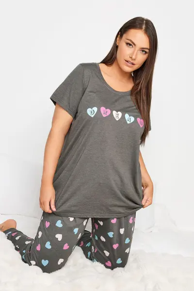 Yours Slogan Print Pyjama Set Charcoal