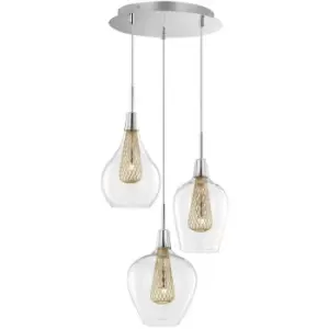 Merano - Esquimalt 3 Light Cluster Pendant Ceiling Light Chrome Aluminium Clear Glass, Gold Frame LED G9