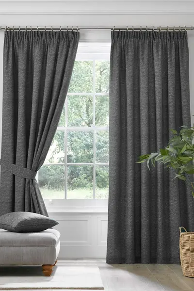 'Pembrey' Textured Pair of Pencil Pleat Curtains With Tie-Backs