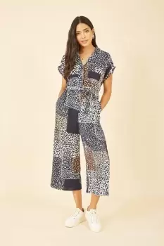 Navy Patchwork Animal Print Jumpsuit