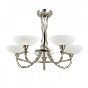 5 Light Semi Flush Multi Arm Ceiling Light Satin Chrome, White Painted Glass with Faint Line Pattern, G9