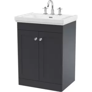 Nuie Classique Floor Standing 2-Door Vanity Unit with Basin 600mm Wide Satin Anthracite - 3 Tap Hole