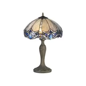 Luminosa Lighting - 2 Light Curved Table Lamp E27 With 40cm Tiffany Shade, Blue, Clear Crystal, Aged Antique Brass