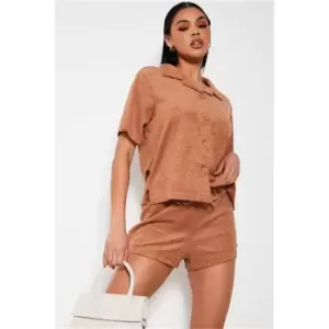 I Saw It First Camel Two Piece Short Sleeve Button Through Shirt And High Waisted Shorts Set - Brown