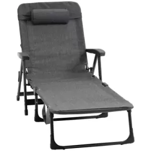 Outsunny Folding Chaise Lounge Chair, Mesh Fabric Lounge Chair, 7-Reclining Position Sleeping Bed with Pillow & Cup Holder or Poolside, Dark Grey