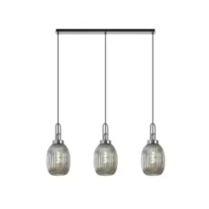 Yorktown Linear 3 Light Ceiling Pendant E27 With 20cm Almond Ribbed Glass, Smoked Polished Nickel, Matt Black