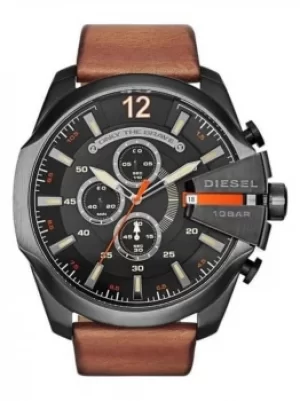 Diesel Mens Mega Chief Black Chronograph Dial Brown Leather Strap...