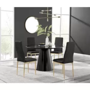 Furniturebox Palma Black Semi Gloss 120cm Round Minimalist Dining Table & 4 Black Milan Gold Leg Chairs