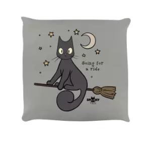 Spooky Cat Going For A Ride Filled Cushion (One Size) (Grey)