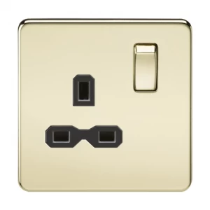 KnightsBridge 1G DP 13A 230V Screwless Polished Brass UK 3 Pin Switched Electrical Wall Socket - Black Insert