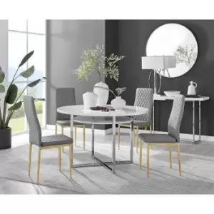 Furniturebox Adley White High Gloss 120cm Storage Dining Table & 4 Grey Milan Gold Leg Faux Leather Chairs