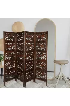 4 Panel Carved Wooden Room Divider Screen Elephant Design 183 203 cm