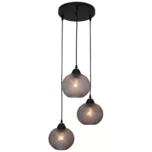 Fresno 3 Light Cluster Pendant Ceiling Light Dark Grey Glass, Black Metal LED E27 - Merano