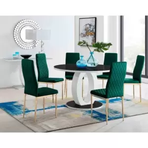 Furniture Box Giovani Round Black Large 120Cm Table and 6 Green Velvet Milan Gold Leg Chairs