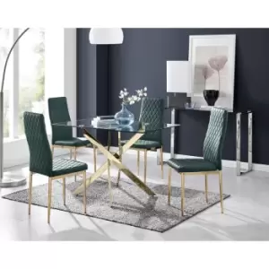 Furniturebox UK - Furniturebox Leonardo 4 Gold Leg Glass Dining Table and 4 Green Milan Velvet Dining Chairs With Gold Legs Diamond Stitch Modern