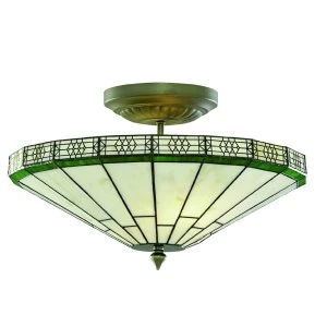 2 Light Semi Flush Ceiling Light Antique Brass, Tiffany Glass, E14