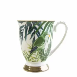 Tall Fancy Footed Mug in Emerald Eden Design with Leaves and Birds