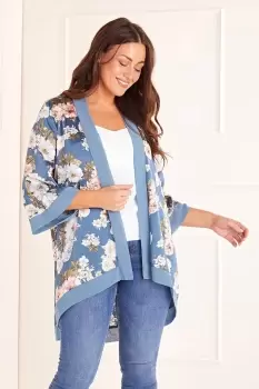 Blue Plus Size Floral Satin Kimono