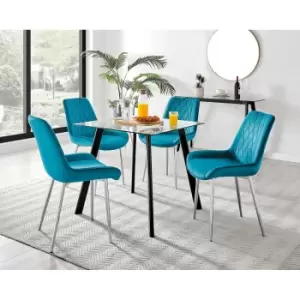 Furniture Box Seattle Glass and Black Leg Square Dining Table & 4 Blue Pesaro Silver Chairs