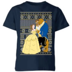 Disney Classic Beauty and The Beast Pattern Kids Christmas T-Shirt - Navy - 11-12 Years