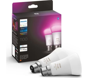 PHILIPS HUE White & Colour Ambiance Bluetooth LED Bulb - B22, 1100 Lumens, Twin Pack, White