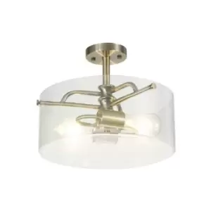 Luminosa Clarence Semi Flush Ceiling Lamp, 2 Light E27, Antique Brass, Clear Glass