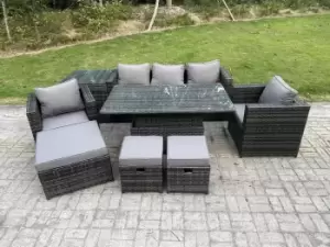 Fimous 5 Seater Outdoor Dark Grey Wicker PE Rattan Lounge Complete Sofa Set with Adjustable Dining Table, 2 Stools and Big Footstool