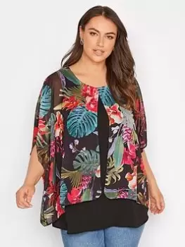 Yours Clothing Lilac Floral Double Layer Blouse, Black, Size 20, Women