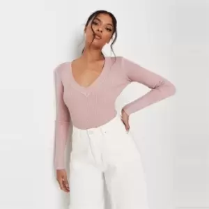 Missguided Skinny Rib Knitted V Neck Body - Pink