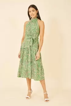 Green Halter Neck Floral Midi Dress