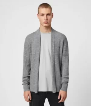 AllSaints Mens Merino Wool Lightweight Mode Long Sleeve Open Front Cardigan, Grey, Size: XXL