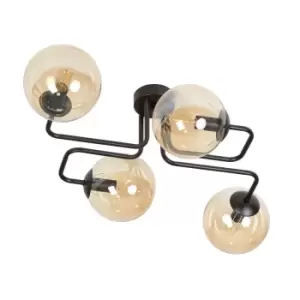 Brendi Black Globe Multi Arm Semi Flush Ceiling light with Amber Glass Shades, 4x E14