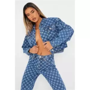 I Saw It First Mid Wash Printed Cropped Denim Jacket - Blue