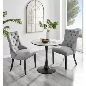 Furniturebox UK - Furniturebox Elina White Marble Effect Modern 80cm Round Dining Table & 2 Grey Belgravia Black Leg Velvet Chairs