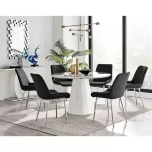 Furniture Box Palma White Marble Effect Round Dining Table and 6 Black Pesaro Silver Leg Chairs