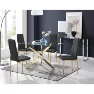 Furniturebox Leonardo 120cm Modern Glass And Gold Metal Leg Dining Table And 4 Black Milan Faux Leather Gold Leg Dining Chairs