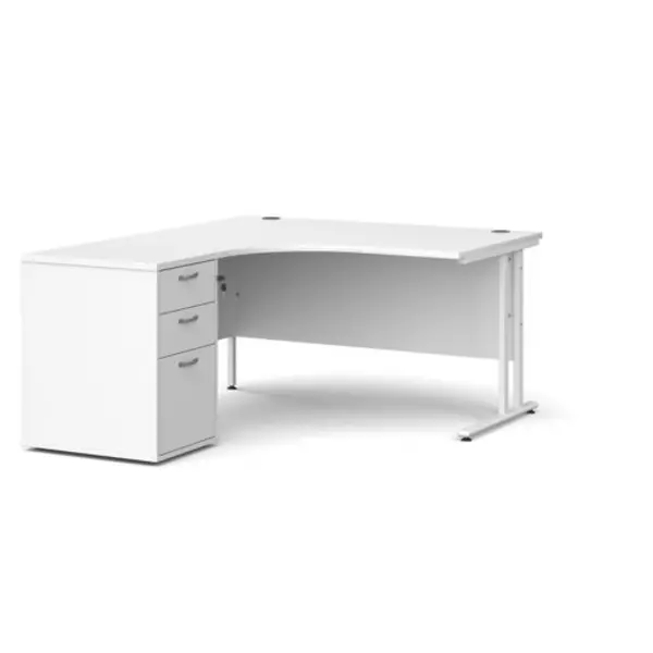 Office Desk Left Hand Corner Desk 1400mm With Pedestal White Top With White Frame Maestro 25