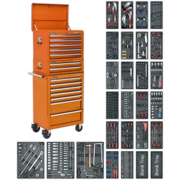 Sealey Superline Pro 14 Drawer Roller Cabinet, Mid and Top Tool Chests + 1179 Piece Tool Kit Orange