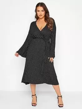 Yours Flare Sleeve Wrap Dress - Polka Dot - Black, Size 26-28, Women