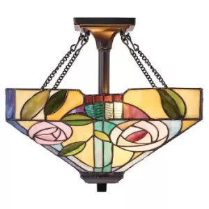 Interiors 1900 Lighting - 2 Light Medium Semi Flush Ceiling Light Bronze, Tiffany Glass, E27