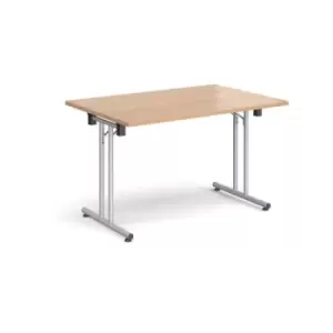 Rectangular folding leg table with silver legs and straight foot rails 1200mm x 800mm - beech