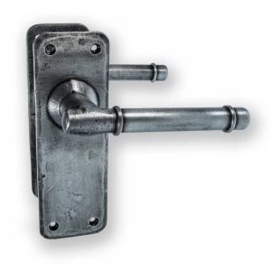 LocksOnline Belfry Pewter Hand-forged Door Handle Set on Backplate