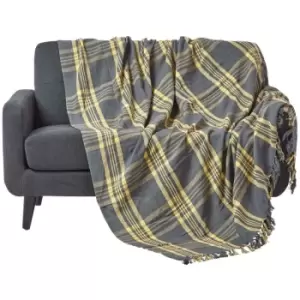 Grey & Yellow Tartan Check Sofa and Bed Throw, 255 x 360cm - Grey - Homescapes